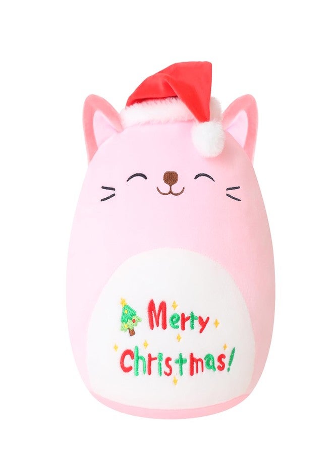 SQEQE قطة عيد الميلاد المحشوة من SQEQE، قطة وردية اللون ترتدي قبعة حمراء، ألعاب قطيفة كاواي، زينة منزلية ناعمة، هدايا للأولاد والبنات (قطة وحيد القرن، 10 بوصة) - Image 1